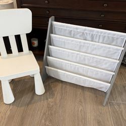 White & Gray Sling Bookshelves With Chair.  Kids Reading Area Bedroom Furniture Children’s Girls Boys Children Nursery Home School  Florence rd & Free