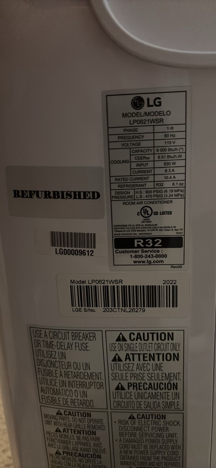 LIKE NEW LG Portable Air Conditioner 6,000 BTU $300 OBO