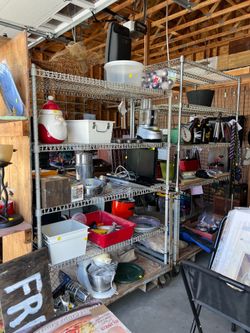 Two garage shelving units on wheels