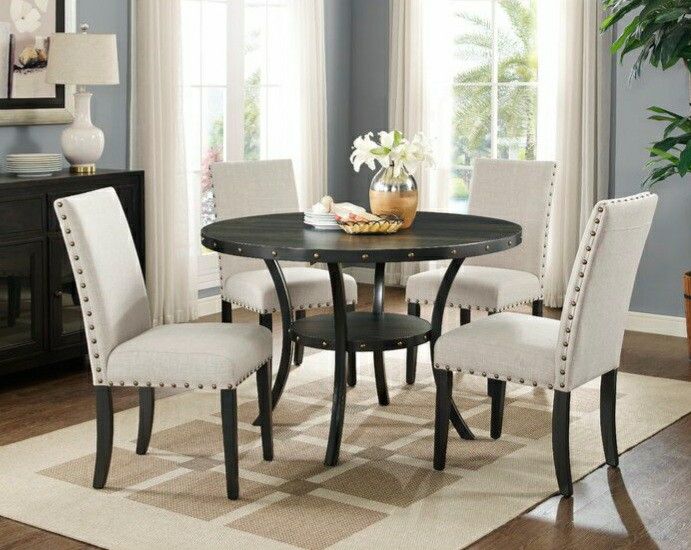 Brand New 5pc Round Dining Set With Beige Linen Nail Studded Chairs 