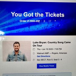 2- Tickets To Luke Bryan JUNE 19 Th   Great Seats In. ROGERS , ARKANSAS