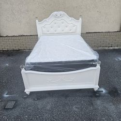 White Full Size Solid Wood Disney Princess Bed Frame With Brand New Full Size Plush Sealy Posture Pedic Mattress And Box Spring In Plastic 