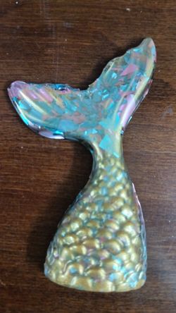 Handmade Gold Epoxy Resin Mermaid Tail With Blue And Silver Glitter