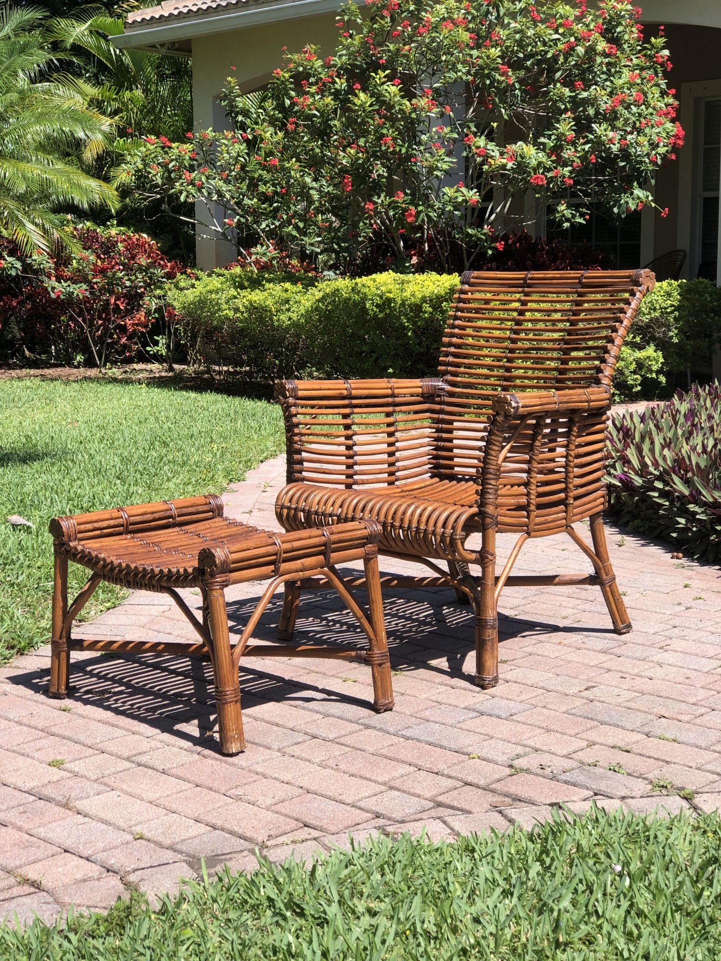 Large Indoor Heavy Vintage Rattan Armchair And Footstool
