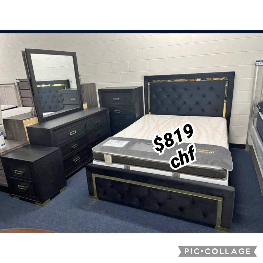 4 Piece Queen Size Bedroom Set ( Included Bed Frame ,Dresser, Mirror ,Nightstand )