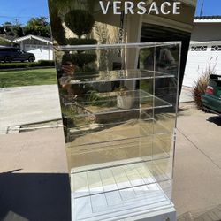 Vintage Versace Retail  Display Case Sunglass Watch Box Perfume faux marble base gold lucite shelves