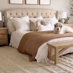 Beige King Size Bed  with Linen Tufted Headboard & Wing Back Design