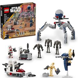  LEGO Star Wars Clone Trooper & Battle Droid Battle Pack Set for Kids, Buildable Toy Speeder Bike Vehicle, Tri-Droid and Defensive Post, Collectible, 