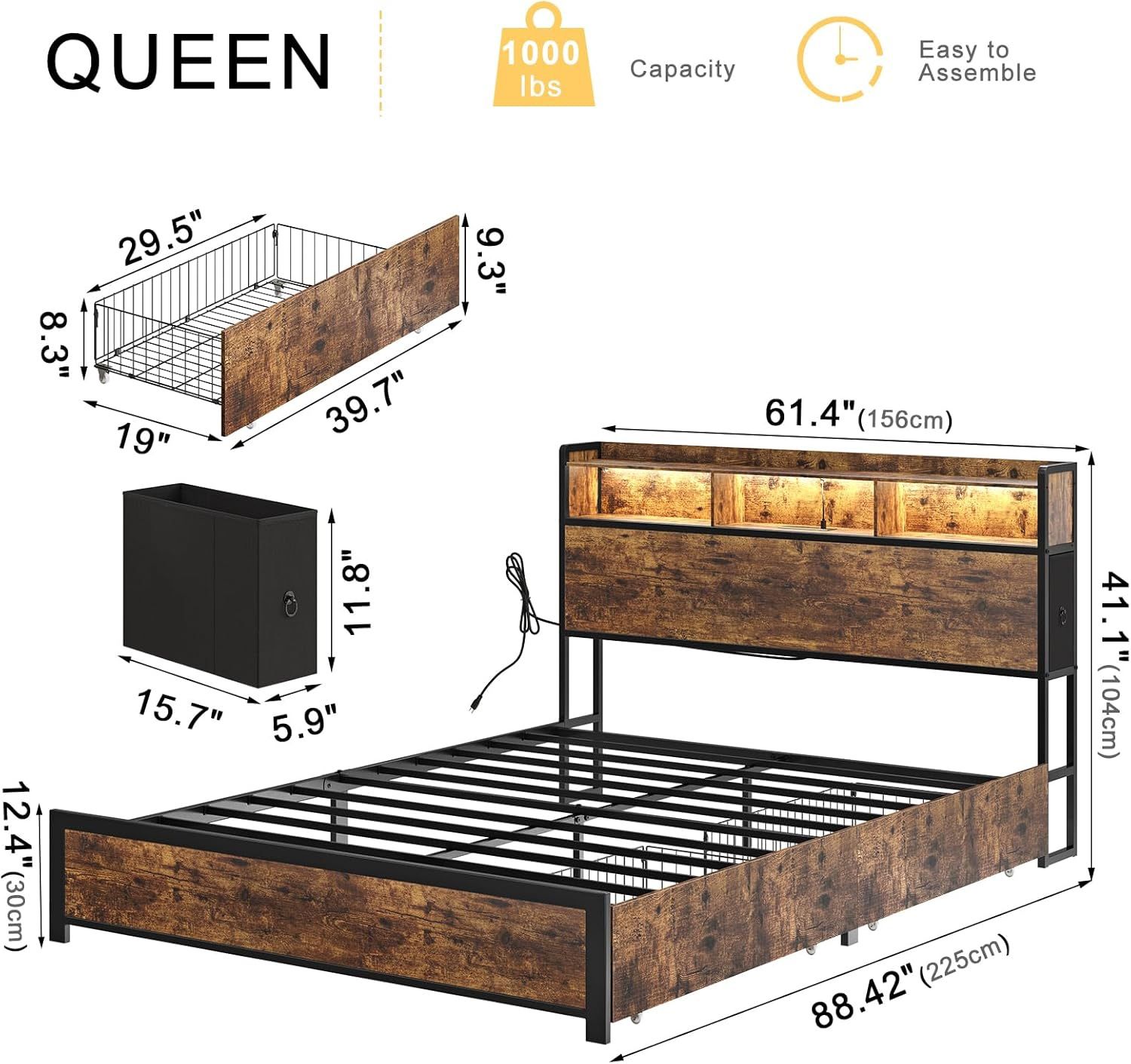 Queen Bed Frame with Bookcase Storage Headboard and 2 Drawers LED Lights Metal Platform Non-Slip Without Noise