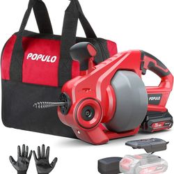 POPULO 20V Cordless Electric Drain Auger,25Ft Auto Feed Plumbing Snake Drain Tools,with 2.0Ah Battery and Charger,Power Drain Hair Removal Tool for Se