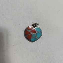 Turquoise & Coral Sterling Silver VTG Heart Shape Pendant Signed AL Pre-owned 