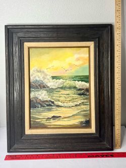 Original Signed Oil Painting Seascape Ocean Waves Sunset Framed Canvas Coastal Art