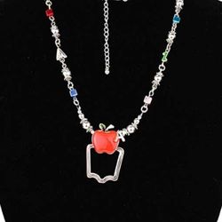 Teacher ID Holder Necklace Silver Enamel Apple ABC 123