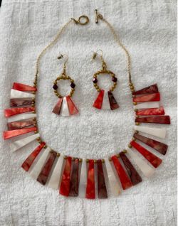 Red and White Shell Statement Necklace and Earring Set