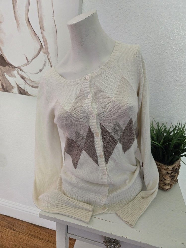 NWT Old Navy Cream and Brown Argyle Cardigan Size Small