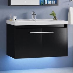 32 Inch Floating Bathroom Vanity(sink not included) LED Lights & Cabinet, Black