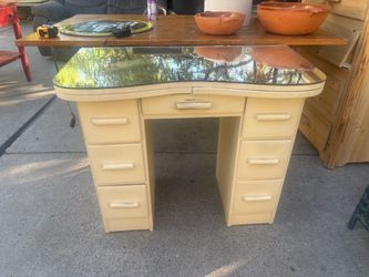Vintage Metal Tanker Desk with Glass Top