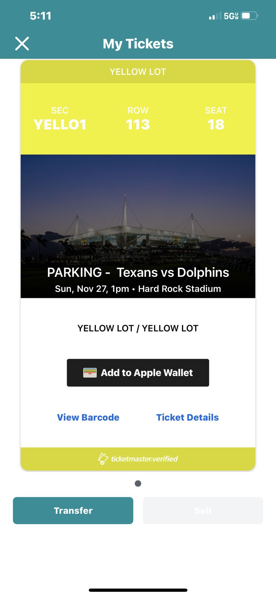 Miami Dolphins Parking Pass 