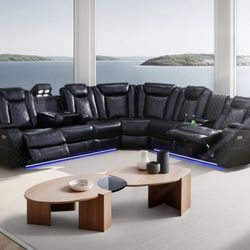 Power Electric Black Leather Fully Reclining Sectional Couch 