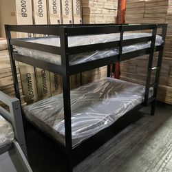 Twin bunk bed. Available in espresso, white, & grey. Bunk bed only-$220. With mattresses-$399. Assembly required. Assembly not included. Tax included.