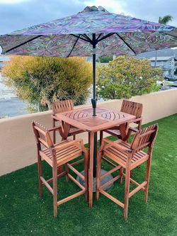 Teak Patio Table Set outdoor dining furniture with umbrella MCM mid century modern style