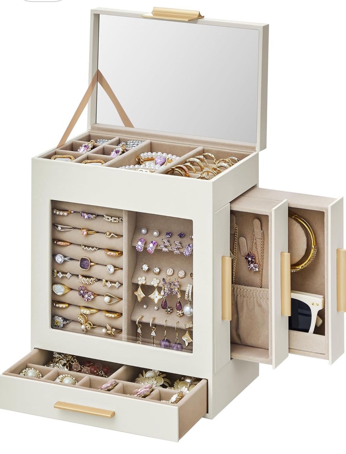 Jewelry Box with Glass Window, 5-Layer Jewelry Organizer with 3 Side Drawers, Jewelry Storage, with Big Mirror, Modern, 5