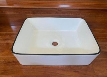 19" x 15" Ceramic Rectangle Vessel Bathroom Sink Above Counter - White Body Black Trim