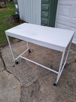 White Metal Frame Utility Table On Steel Casters