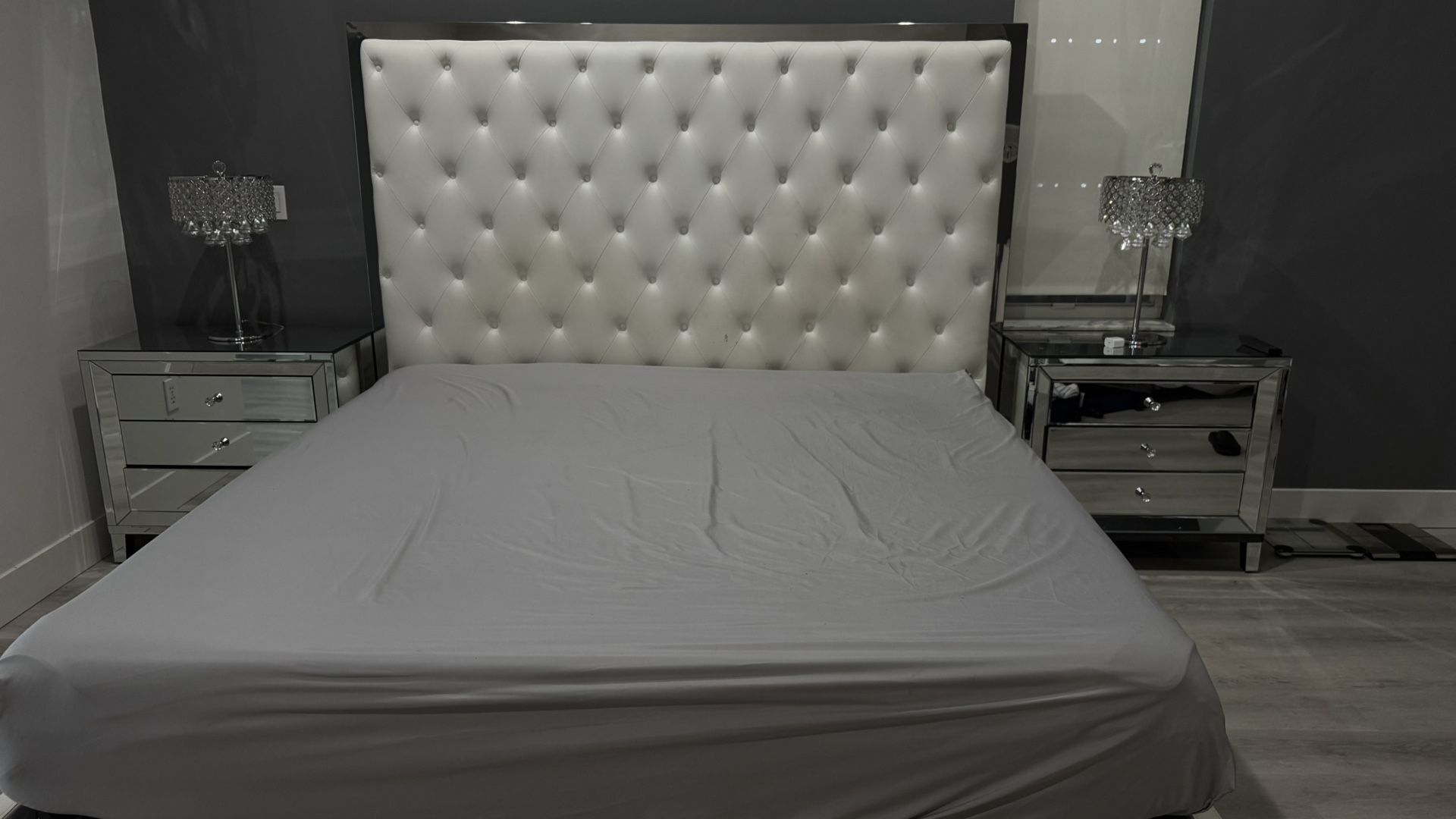 Tufted White Queen Bed Frame with Mirrored Nightstands (Set or Separate)