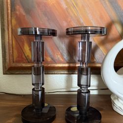 New French Style Art Deco Crystal glass Smoked Candle Holders - Pair