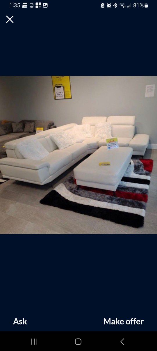 Rio White Leather Sectional Sofa W/Ottoman---$899---Limited Inventory!!!---$1  Down Financing Available 