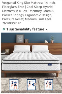 Vesgantti King Size Mattress 14 Inch, Fiberglass-Free - Cool Sleep Hybrid Mattress with Memory Foam