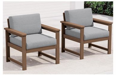 SERWALL 2 Pieces HDPE Cushioned Single Adirondack Armchair Sofa Set with small side table All Weather Brown Outdoor Sofa Lounge Armchair with Grey Cus