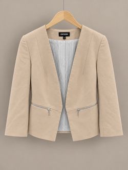 Express Beige Open-Front Blazer with Zippered Pockets