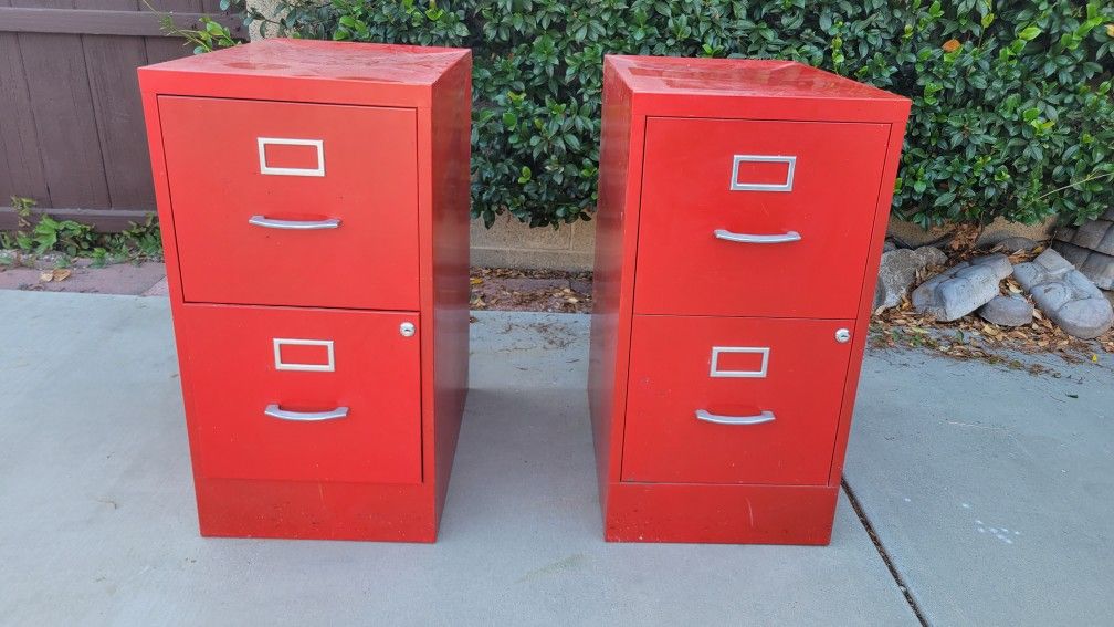 Pair Red Filing Cabinets