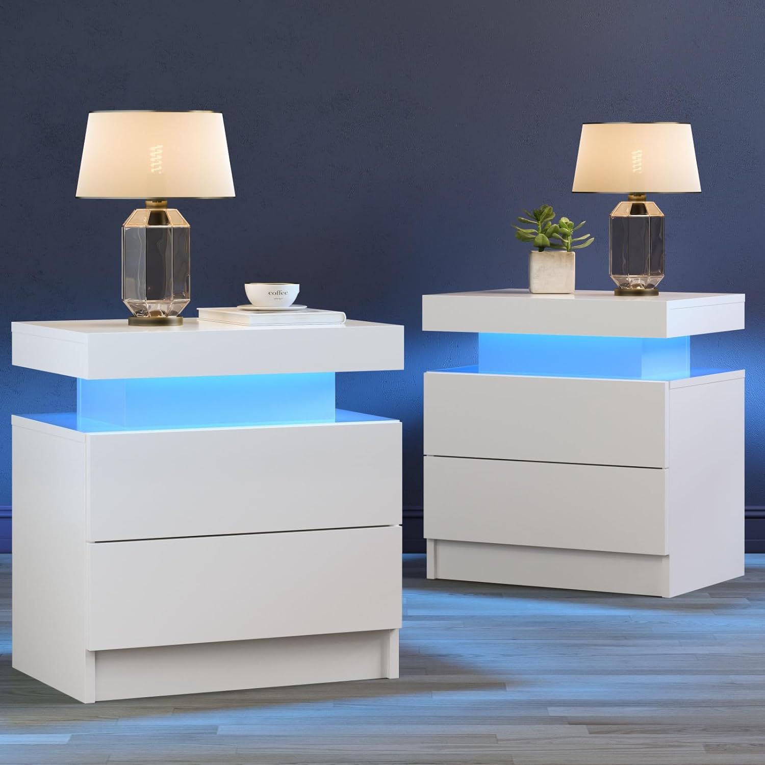 Nightstand Set of 2 LED Nightstand with 2 Drawers, Bedside Table with Drawers for Bedroom Furniture, Side Bed Table with LED Light, White