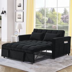 54” Convertible Sleeper Sofa Bed – 3 in 1 Futon Couch with Pull Out Bed – Adjustable Backrest – Black Velvet