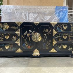 Vintage Korean Tansu Chinoiserie Style Credenza, 72” L x 31” H x 18” D,  Hand Painted