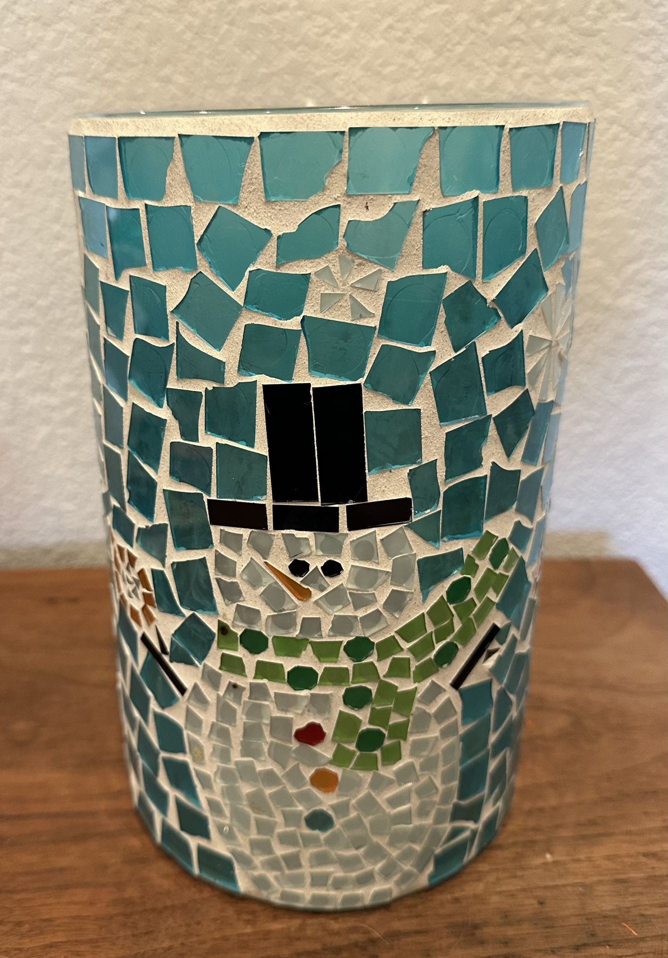 Mosaic Snowman Pillar Candle Holder 9”H