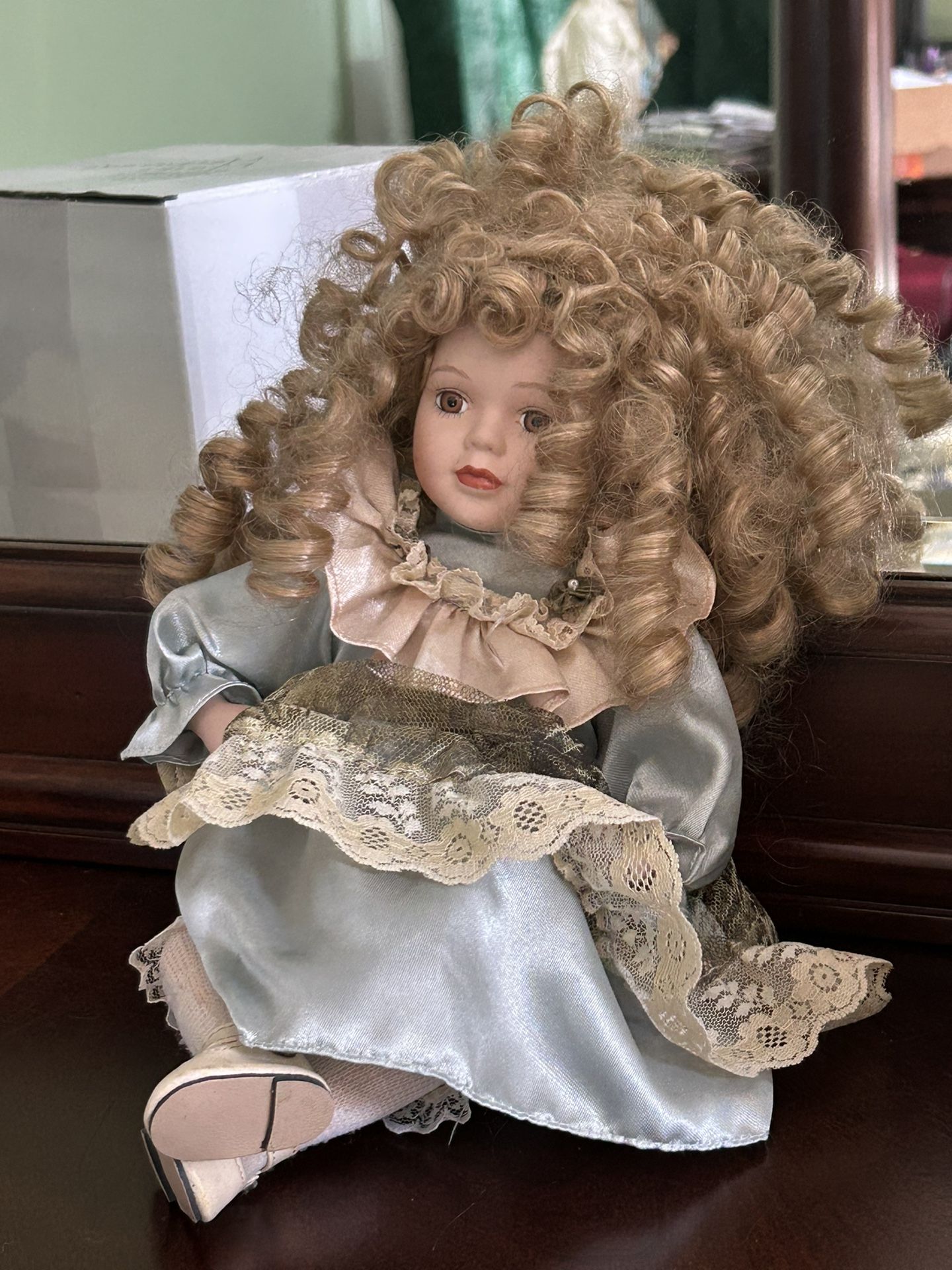 Porcelain Doll with Curls and Lace Dress