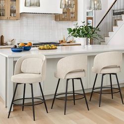 LUE BONA 26''H Swivel Bar Stools Set of 3, Counter Height Bar Stools with Backs, Lumbar Pillow and Black Metal Frames, Upholstered Morden Barstools fo