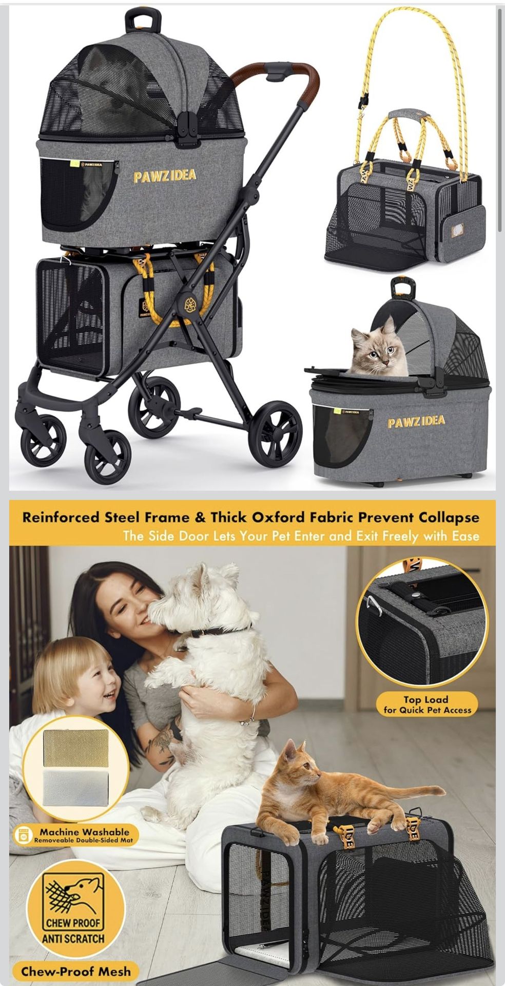 PAWZIDEA Double Pet Stroller with 2 Detachable Carriers