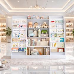 Kids Bookshelf Bookcase with 14 Sling Fabric Shelves, Book and Toy Organizer, B-9