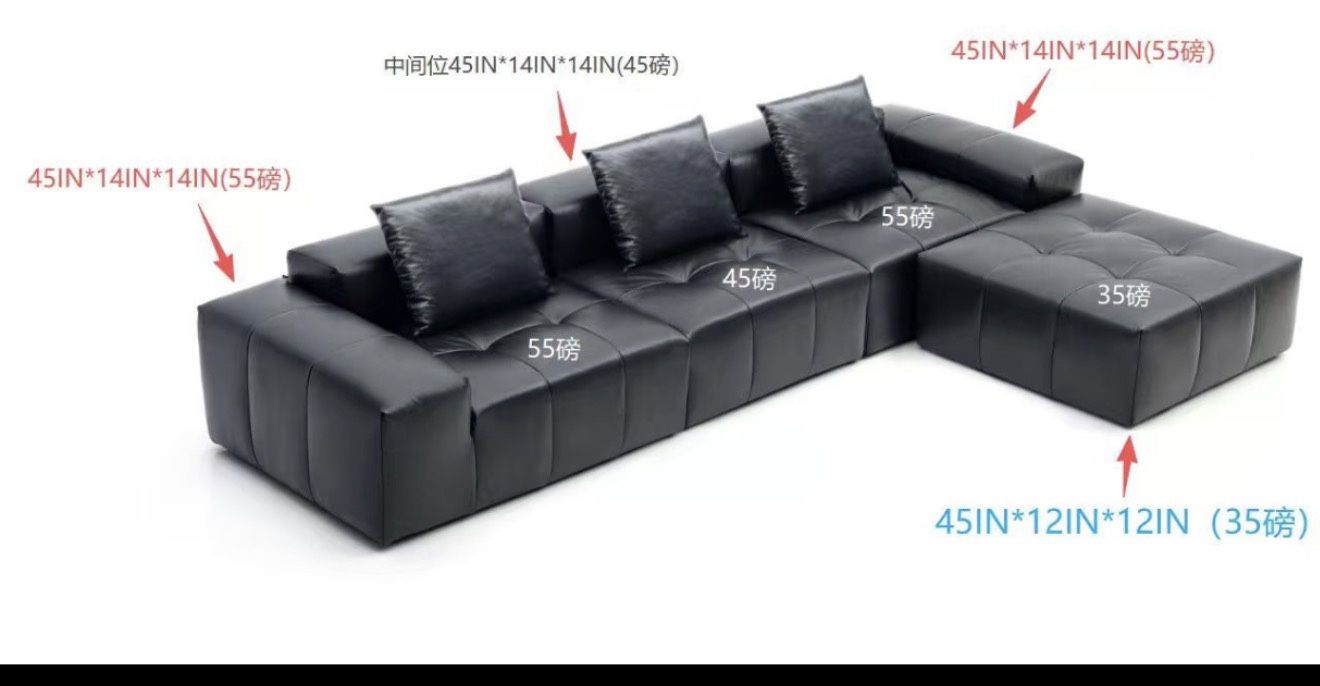 136” Leather Couch, L Shaped Couch - Sectional Couches with Ottoman