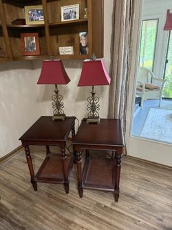 Dark wood end tables with lamps included