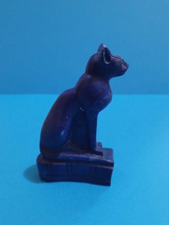 Blue Teal Marbled Resin Egyptian Cat Goddess of Protection Bastet Figurine 4" .