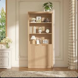 Modern Farmhouse 5-Tier Tall Bookcase with Drawer and Doors, a 31.5" Wide Wooden Storage