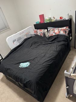 Black Full Bed Frame with Headboard Storage