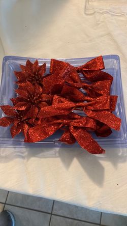 Red Glitter Christmas Bows and Poinsettia Decorations