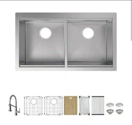 Glacier Bay Professional Zero Radius 32 in. Undermount Double Bowl 16 Gauge Stainless Steel Workstation Kitchen Sink with Faucet